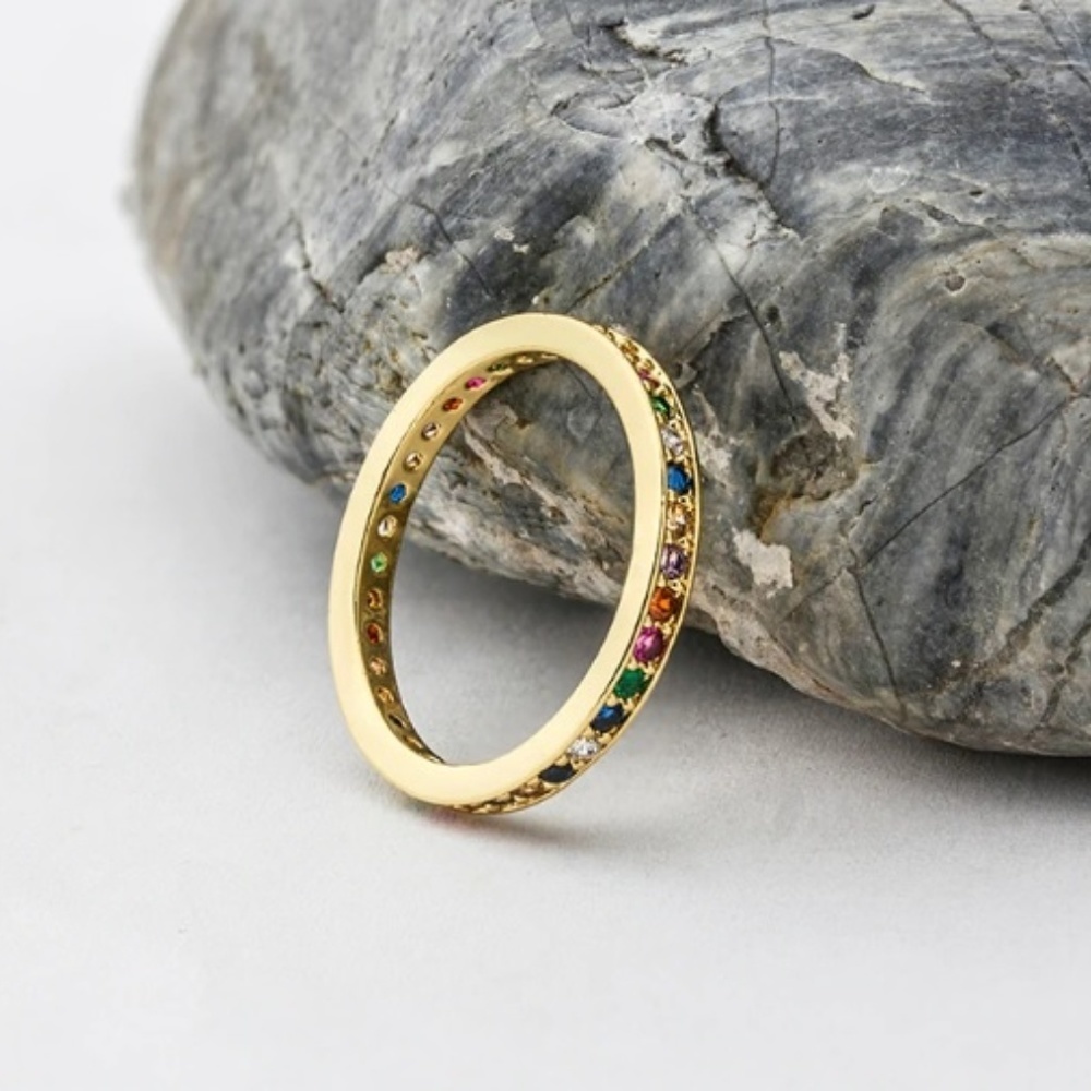 Gold Ring Womens Eternity Rainbow Crystal New Dainty